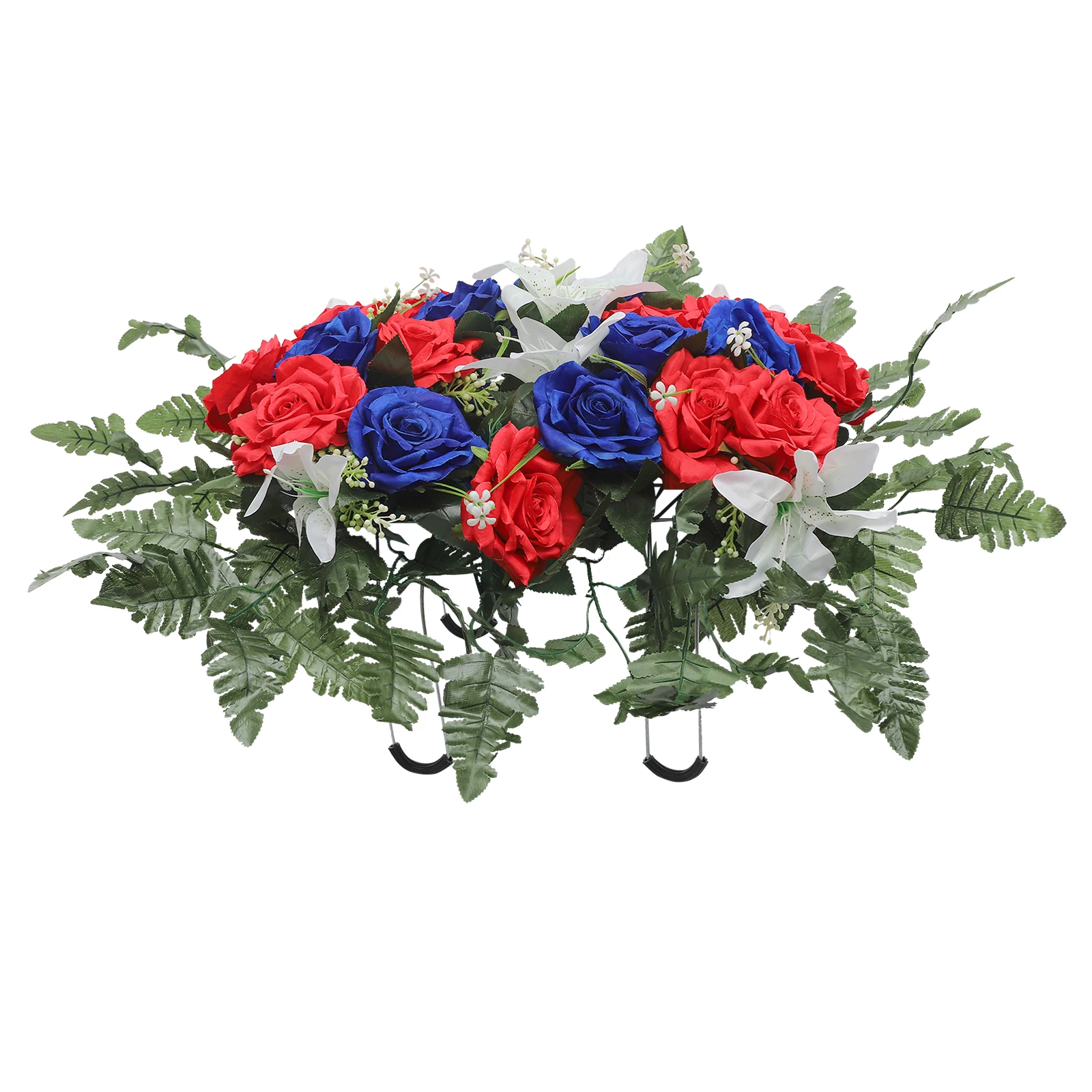 Premium Artificial Cemetery Flower with Blue & Red Roses, White Lilies, Silk & Iron Wire, Weatherproof