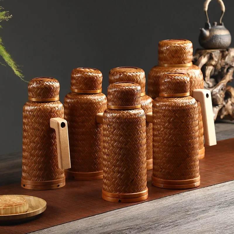 

Bamboo Woven Shell Thermos Cup Creative Portable Water Cup with Glass Liner Ideal for Outdoor and Home Use