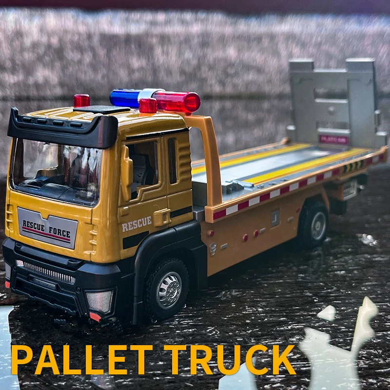 1/32 Alloy Traffic Road Rescue Car Model Diecast Metal Engineering Trailer Truck Wrecker Car Model Sound and Light Kids Toy Gift