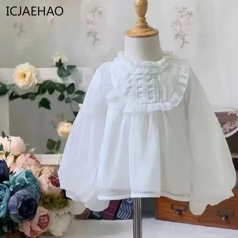 

Baby Girls Korean White Top Lolita Solid Color Shirt Blouse for Infants Elegant Princess Outfits Kids Clothes Matching Children