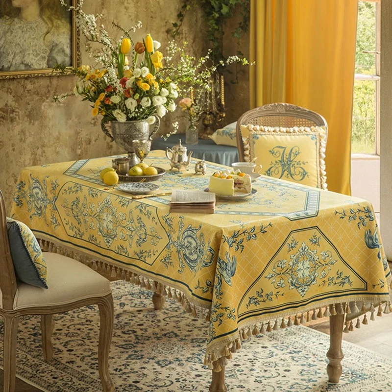 Yellow Velvet Printed Tablecloth High Quality Short Plush Tassel Table Cloth Elegant Home Diningtable Decorative Tablecloth