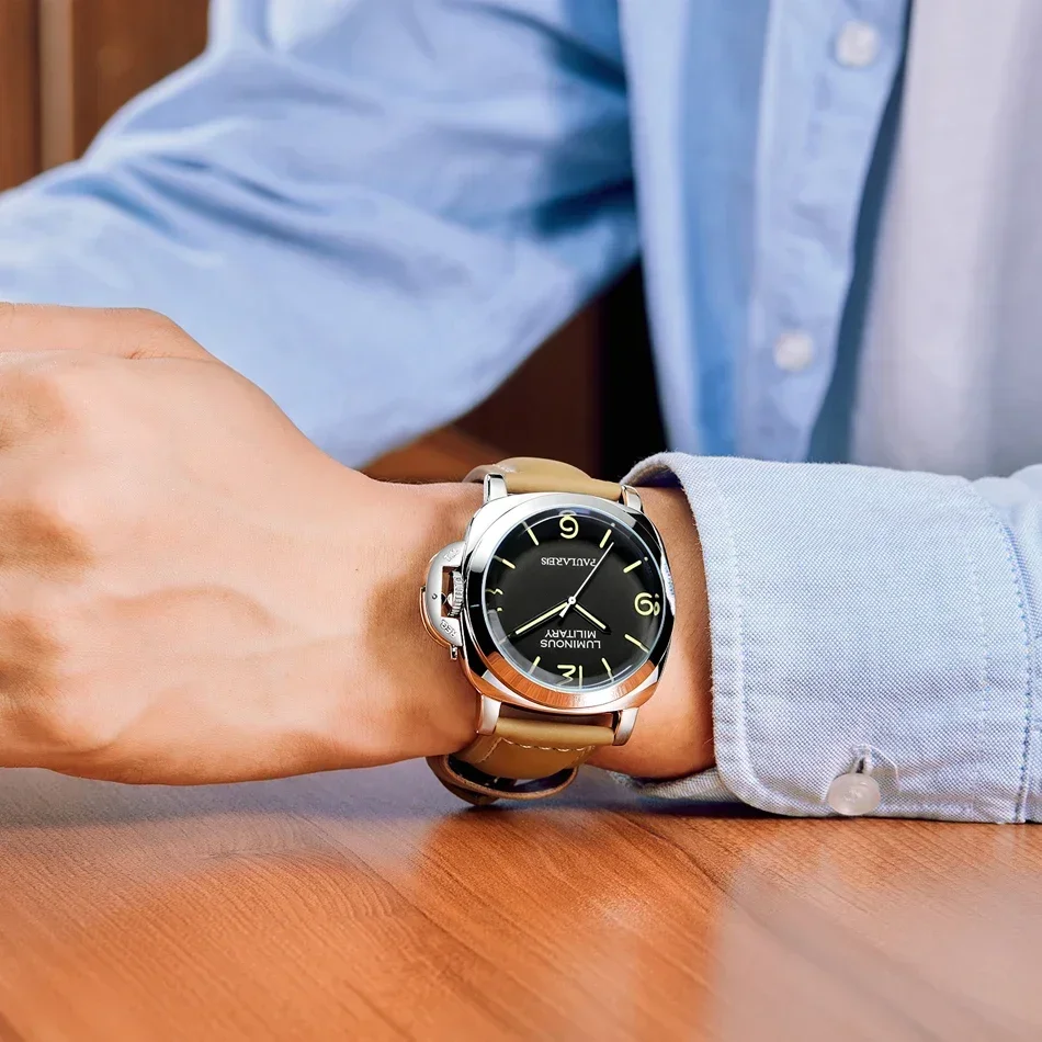 ساعة أوتوماتيكية للرجال حركة ميكانيكية جلد بني أصلي أصفر أخضر فاخر ذهبي وردي عسكري