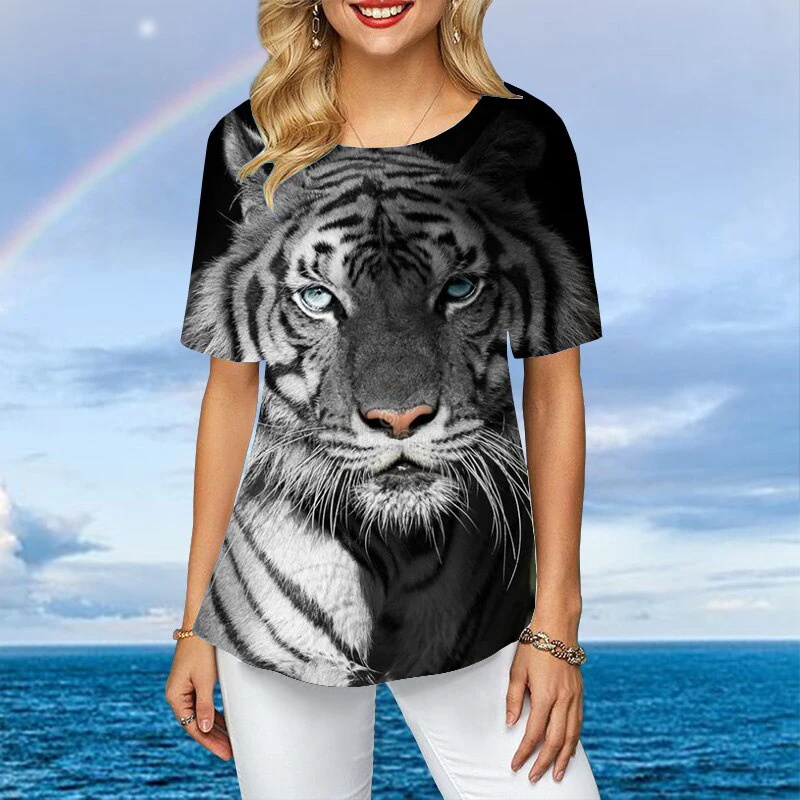 Women Plus Size Ladies Tee Short Sleeve T Shirts Colorful Tiger 3d Print Loose Casual Tops Female Irregular Summer Clothes