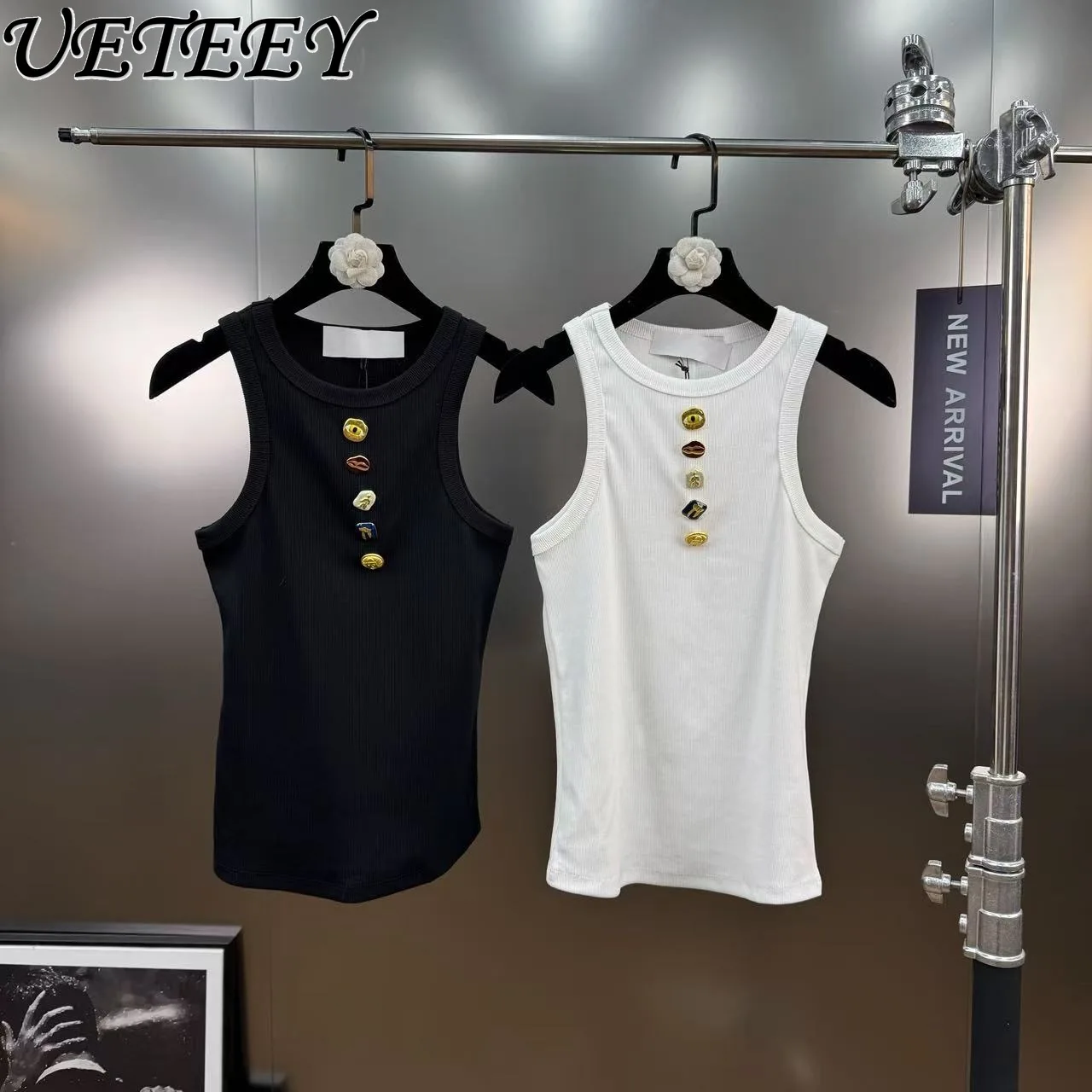 

Вязаный жилет с металлической пряжкой во французском стиле для женщин, летняя верхняя одежда, однотонные облегающие универсальные майки без рукавов