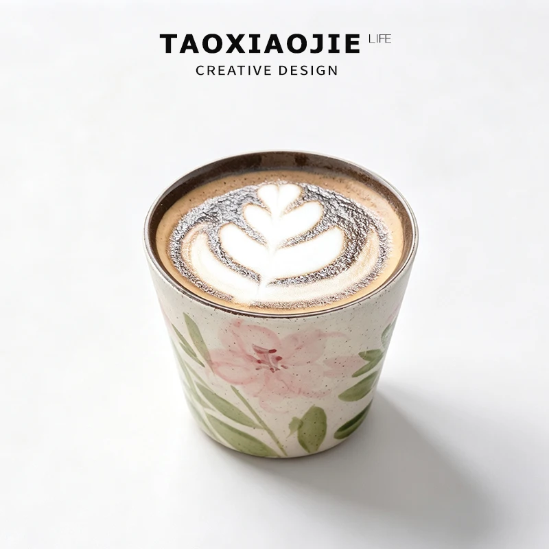 Handmade Handled Ceramic Coffee Cup with Flower Drawing Design Large Capacity for Home Use And Latte Art Ladies Special Cup