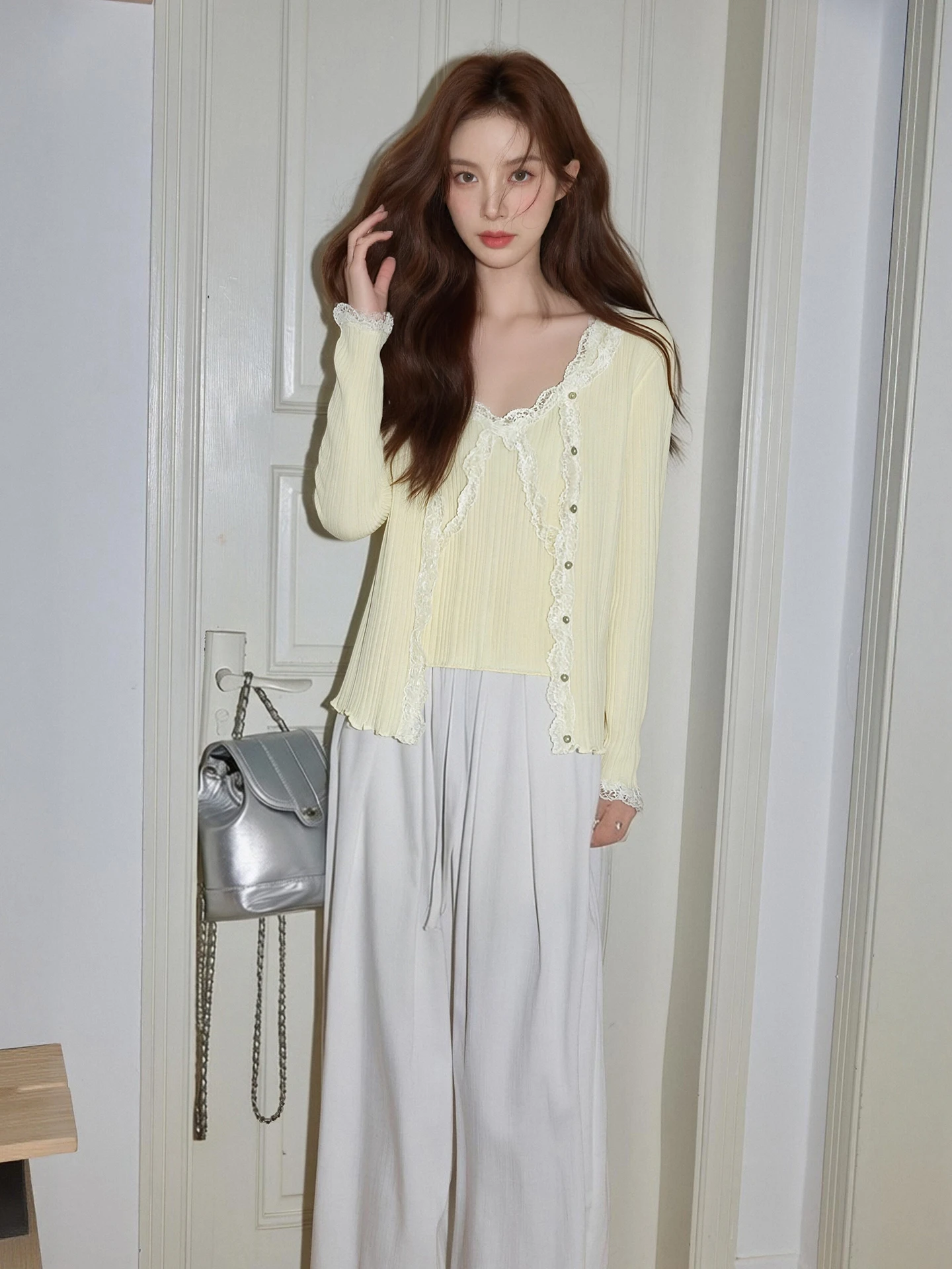 

Yellow Lace Trim Belted Vest Women's Spring New Knitted Open Cardigan Slim Fit Top Two-Piece Set Korean Sle Soft Fabric Lon...