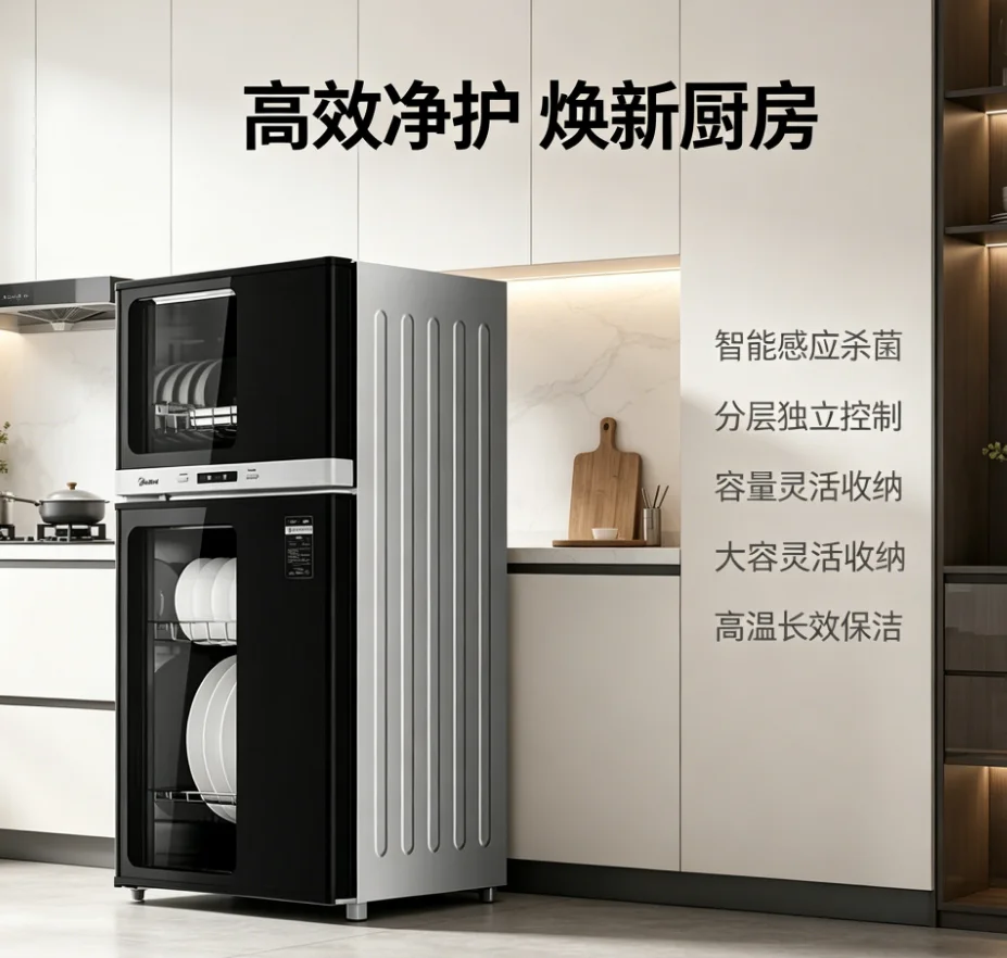 220V Midea 77L Vertical Dish Sterilizer Cabinet, 2-Tier Independent Control, 125°C High-Temp Drying & Sterilization LYH