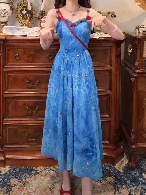 2025 verão novo azul praia vaion sle feminino Dr ter Ne estampa floral maxi saia cintura alta linha A silhueta poli...