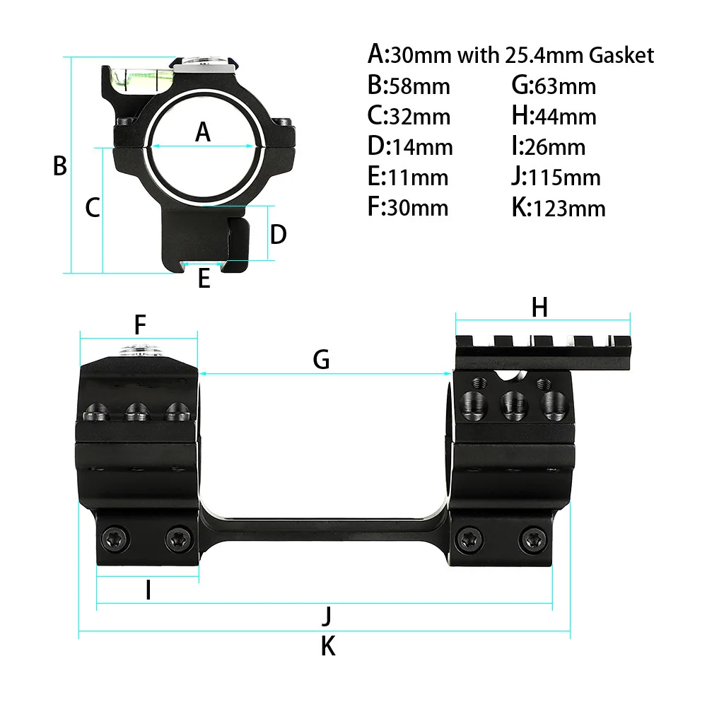 Supporti a coda di ralla con livello a bolle, anelli di portata regolabili, 1 pezzo, 25,4mm, 30mm, 11mm, tattico