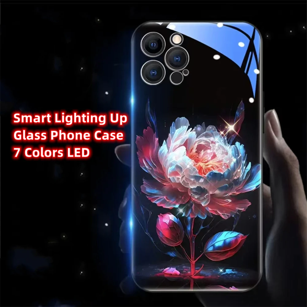 

Colorful Epiphyllum Smart LED Light Glow Tempered Glass Phone Case For iPhone 16 15 14 13 12 11 Pro Max X XR XS Plus 7 8 SE2020