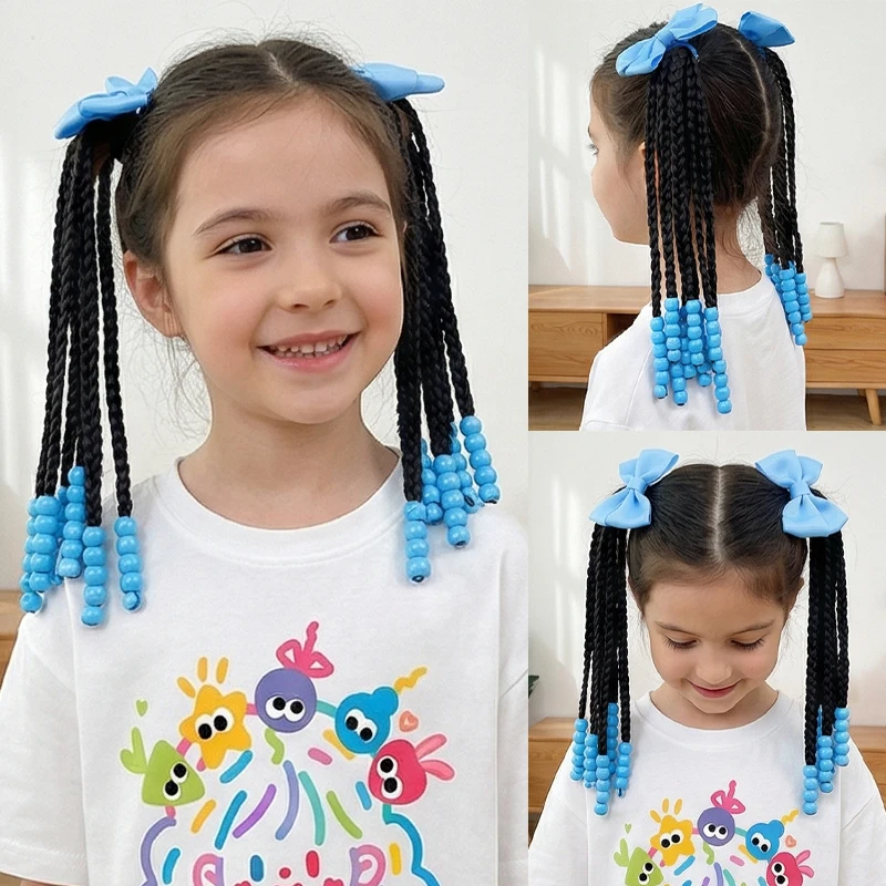 Kids' Dress-Up Synthetic Wig 2-Pack, Featuring Blue Bow Double Ponytail with Beaded Tassel for Daily Play