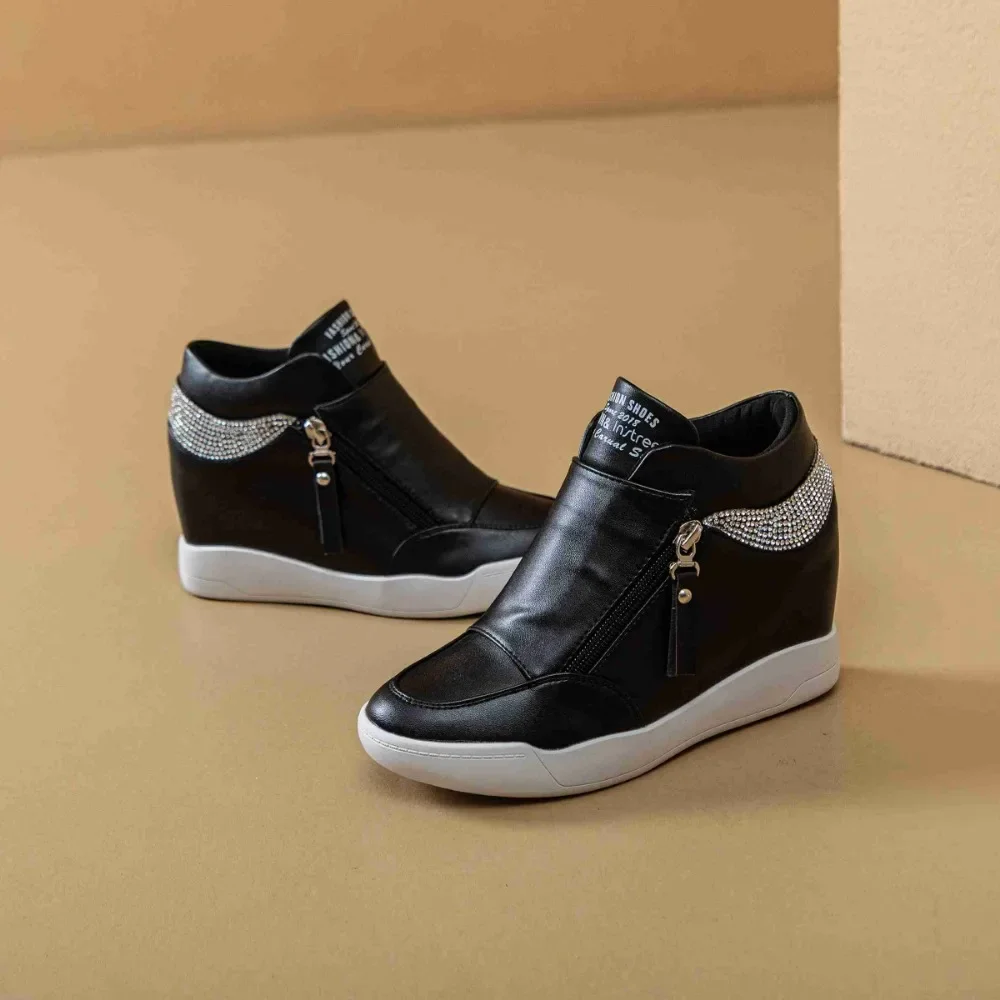 Women White Platform Bling Dimond Wedge Shoes High Top Women Sneakers Spring Autumn Hidden Heel Side Zip Casual Shoes