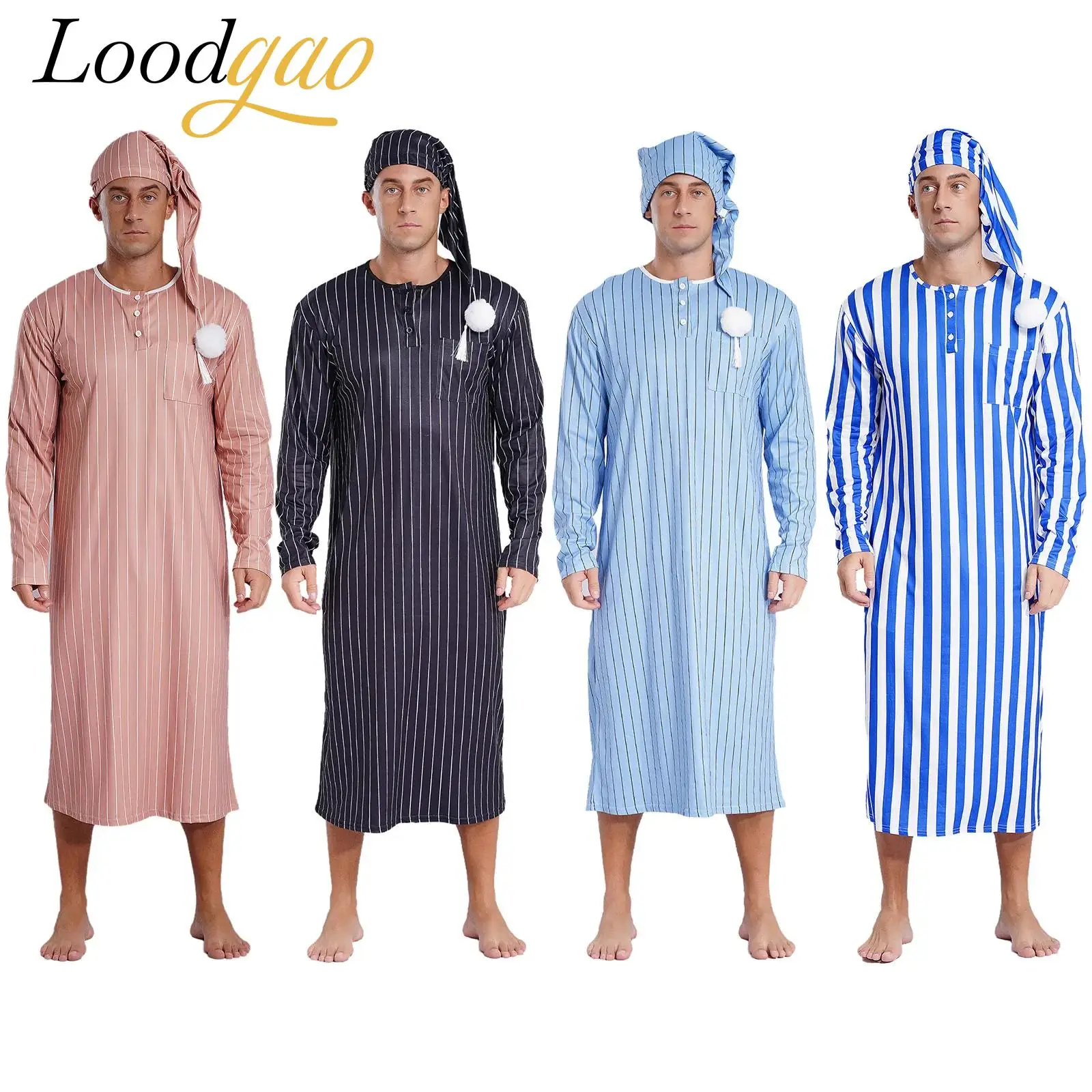 Disfraces árabes de Halloween para hombre, bata de dormir a rayas con sombrero, camisón de manga larga, bata larga, pijamas musulmanes, ropa de dormir