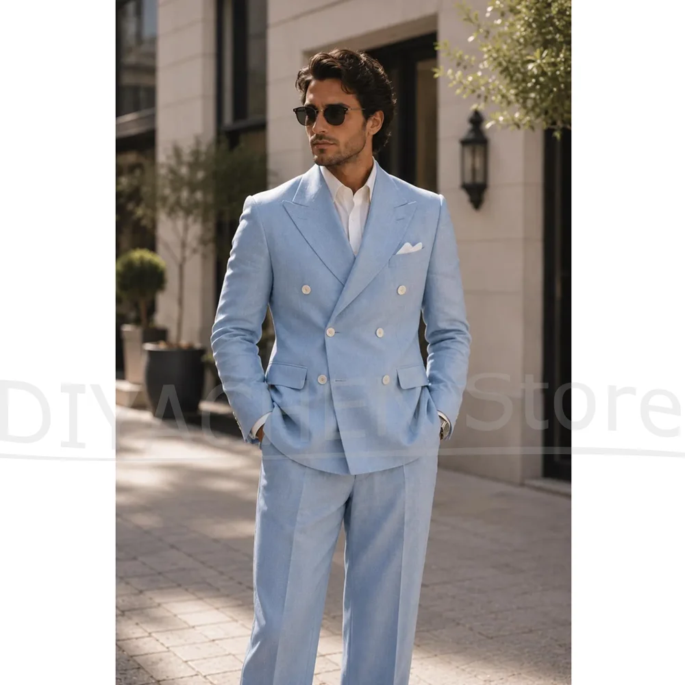 Chic Men Linen Double Breasted 2 Piece Suit Peak Lapel Formal Wedding Groomsmen Summer Party Business Casual Daily Mens Suit Set