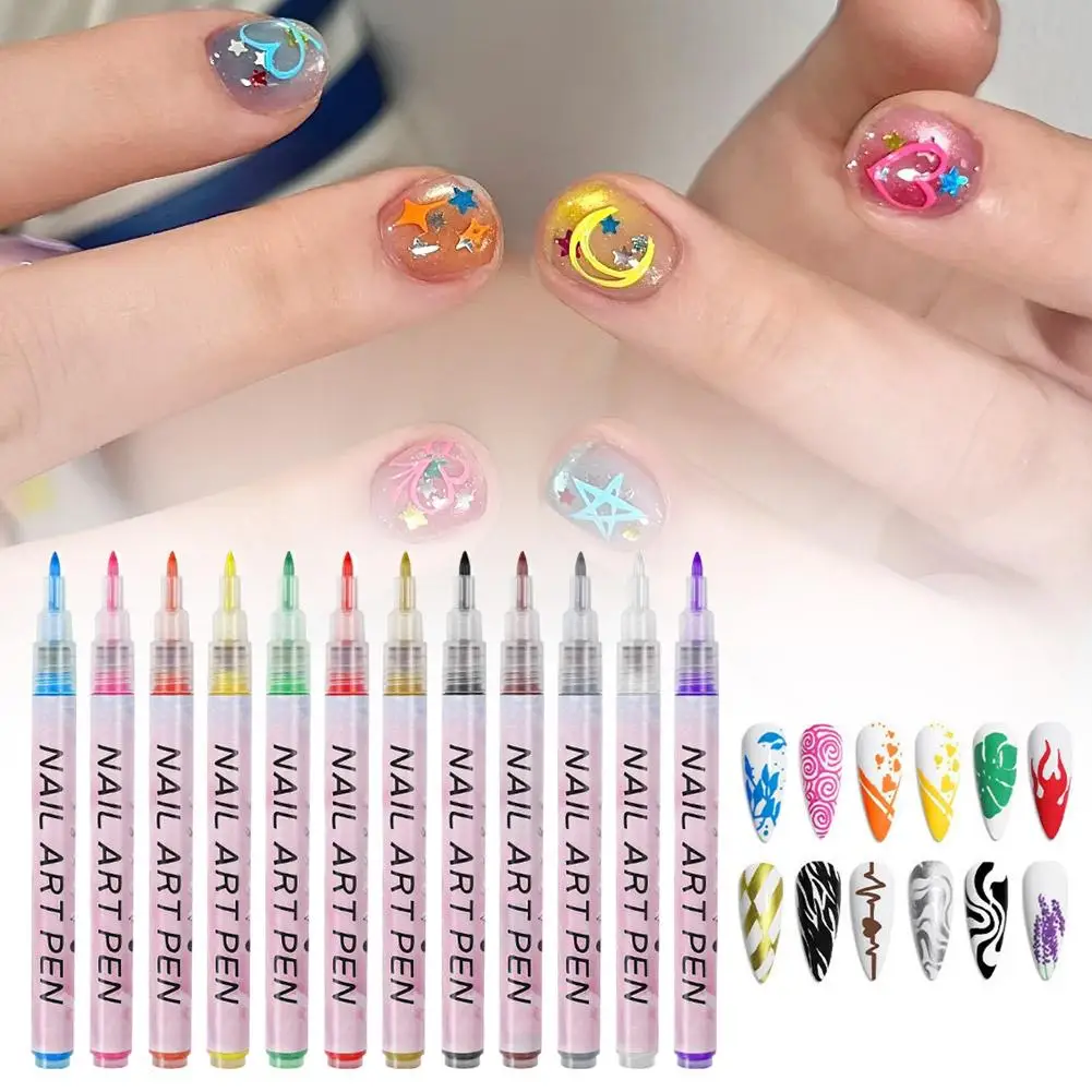 12pcs/Set Colourful Nail Art Graffiti Pen Waterproof Diy 3d Nail Art Drawing Pen Abstract Lines Fine Painting Tools