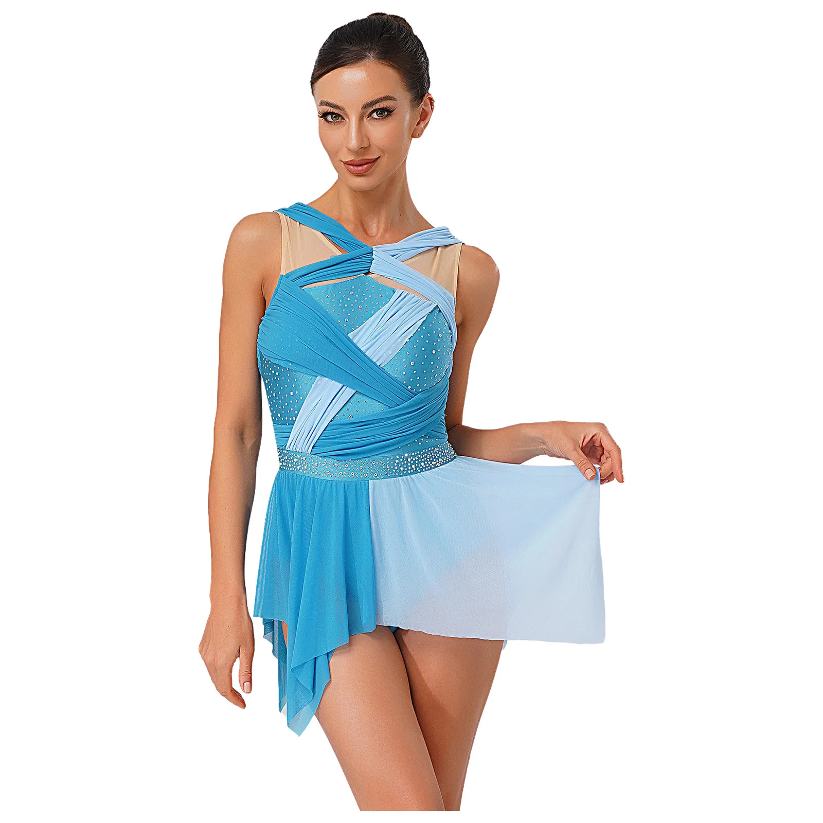 Robe de danse contemporaine scintillante pour femmes, justaucorps en strass avec nœud froncé, ourlet irrégulier pour scène lyrique