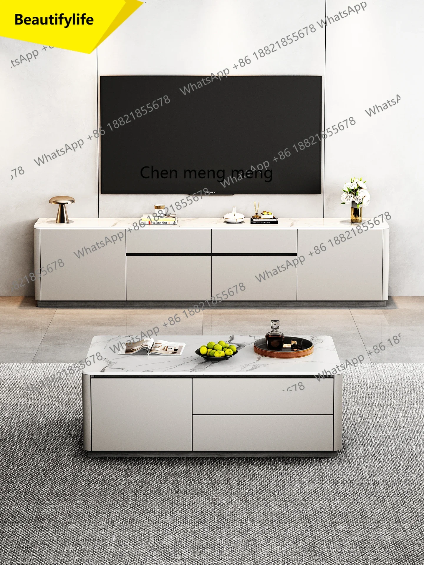 

Q181 High-End Rock Slab TV Cabinet Floor-Standing Living Room Home Modern Simple Solid Wood Storage Cabinet Integrated