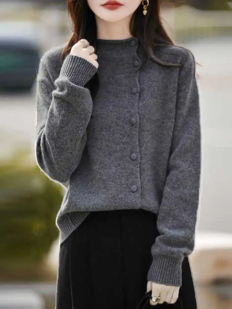 

Женский вязаный кардиган с воротником-стойкой, мягкий, уютный, модный, больших размеров, повседневный, с длинными рукавами