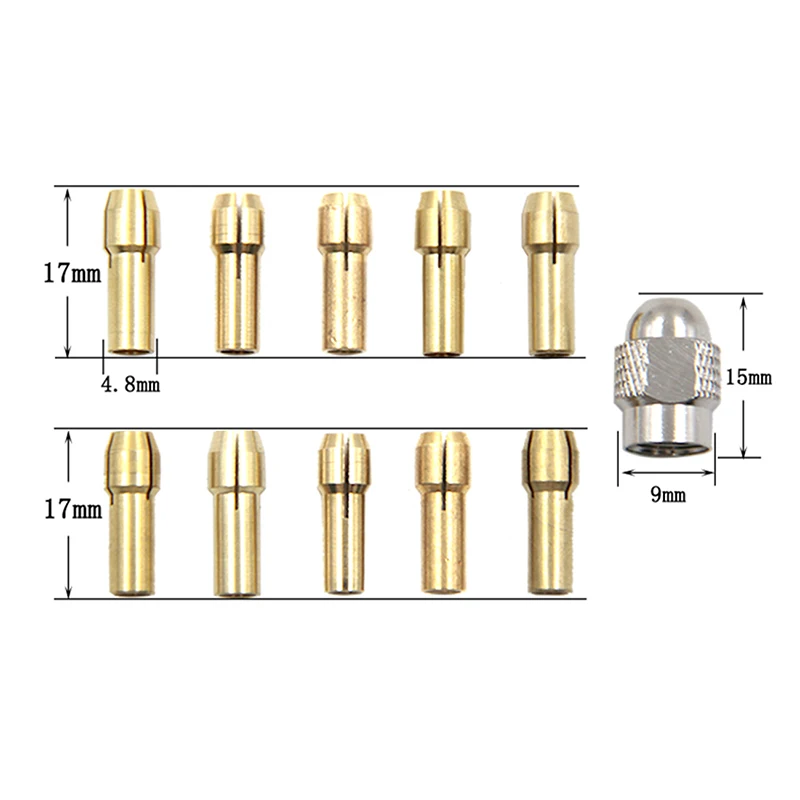 11PCS/Set Mini Brass Drill Chucks Collet Bits 0.5-3.2mm 4.3mm Shank Screw Nut Replacement for Dremel Rotary Tool Accessories Set