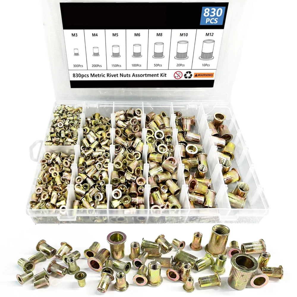 520pcs Carbon Steel Metric Color Zinc Rivet Nuts Sets 1/2 3/8 4/16 Vertical Stripe Flat Head Rivet Nuts 830pcs M3-m12 Nuts