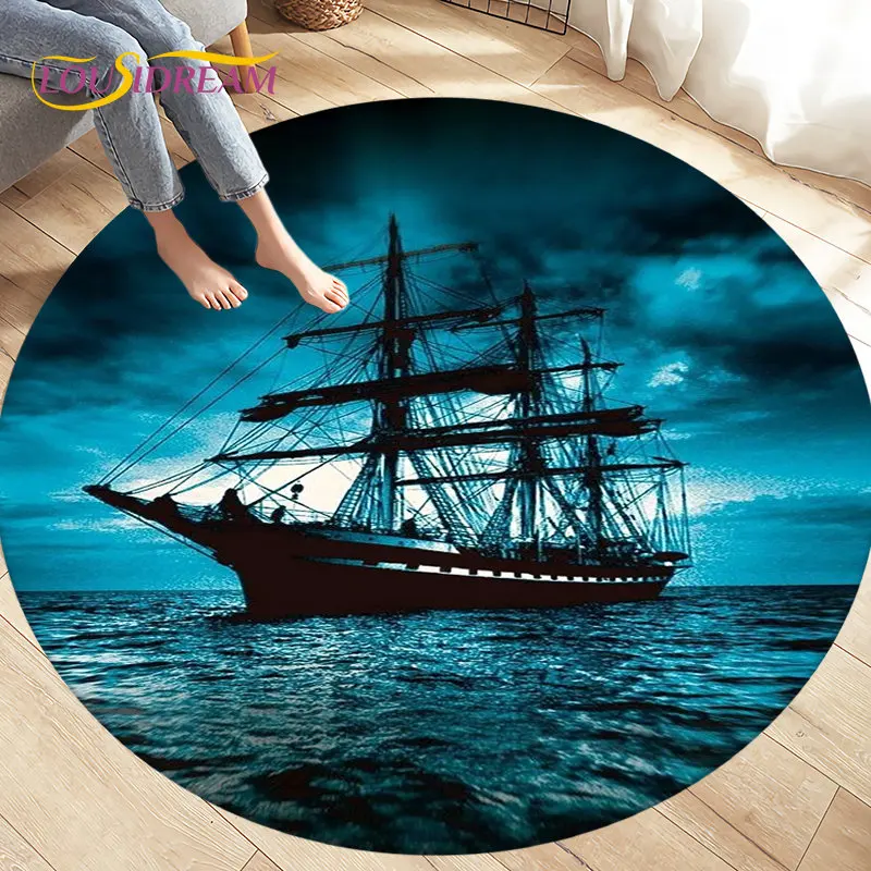 Pirate Boat,Barque,Boat Ship  Area Rug,Round Carpet Rug for Living Room Bedroom Sofa Decoration,Kid Play Game Non-slip Floor Mat