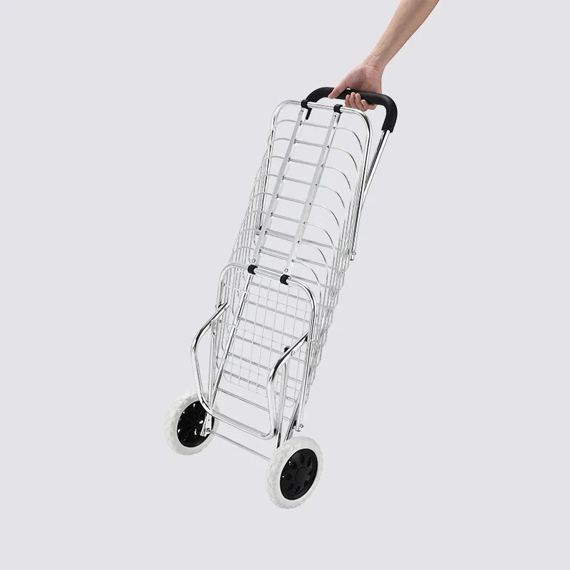 Folding trolley shopping cart, two-wheeled supermarket cart, portable small cart, large-capacity aluminum alloy grocery cart