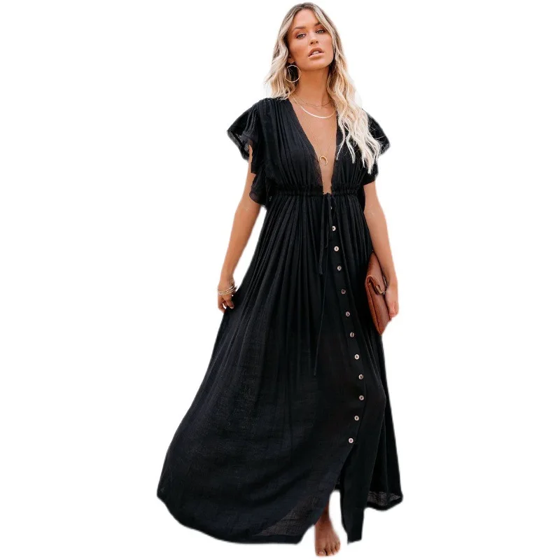 2024 Summer Long Bikini Cover Ups for Women Solid V-Neck Kimono Beach Dresses Lace Up Anti-Sun Swim Dress Bohemian Sarong Skirt