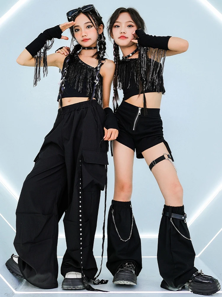 女の子のためのジャズダンスの服,フリンジ付きのトップスとパンツ,黒のセット,ヒップホップダンスコスチューム,クールなkpopスタイル,新しいコレクション,bl13279