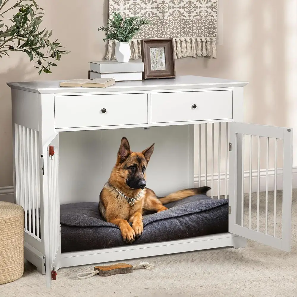 

Large 44 Inch Dog Crate Furniture with Storage Drawers, Wooden Kennel as End Table, Decorative Indoor Pet Cage for Dogs