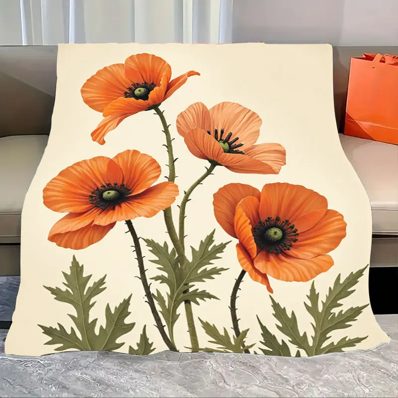 

1pc Flannel Blanket Vibrant Orange Poppy Floral Blanket for Cozy Home Decor
