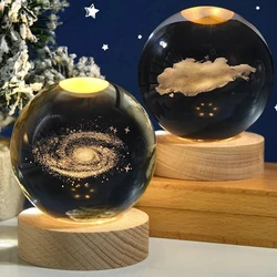 3D Crystal Ball Night Light, Decoração LED, Base de madeira, Sistema Solar, Tema Cósmico, Astronomia Nightlights, Presente de aniversário