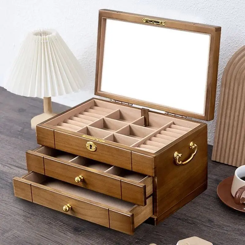 Solid wood jewelry box organizer vintage high-end exquisite jewelry high-end necklace stud ring jewelry with lock wood