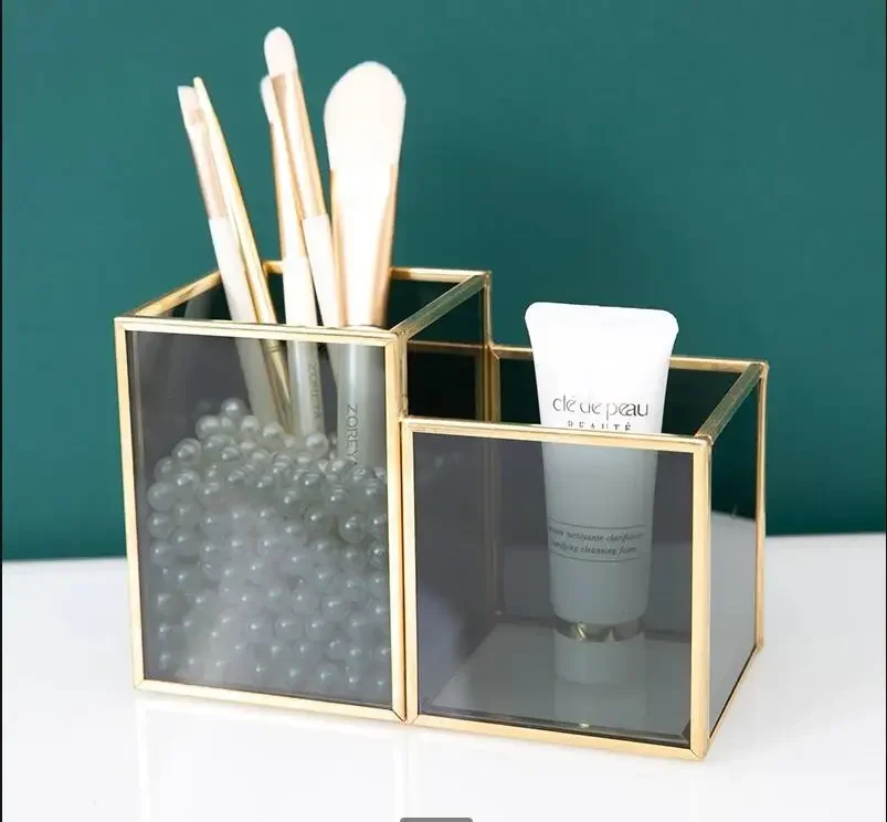 

2 Grids Glass Storage Box Makeup Brush Storage Bucket Desktop Grocery Organizer Makeup Tool Storage Rack Pen Holder Home Shelf