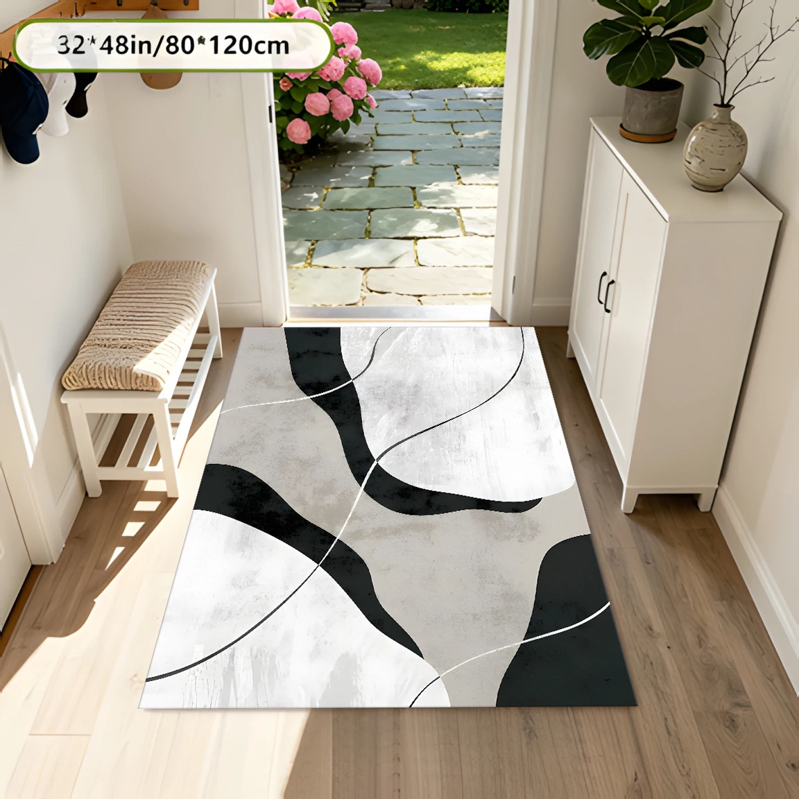 2D Large Carpet Abstract Black White Gray Flow Line Color Block Minimalist for Living Room Bedroom