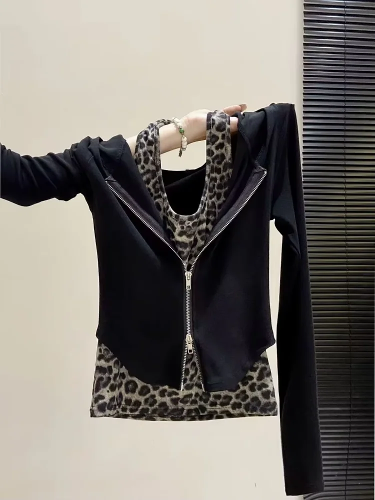 2026 New Retro Y2k Leopard Print 2 Piece Hooded T-shirt Women Double Zipper Cardigan Layered Long Sleeve Top