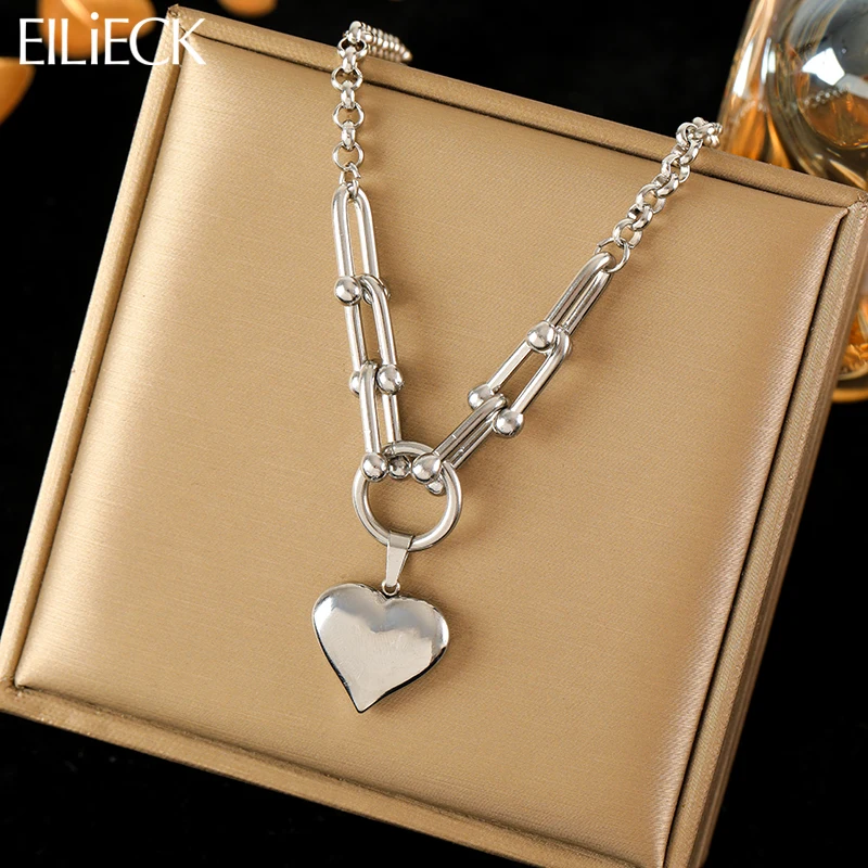 EILIECK 316L Stainless Steel Silver Color Heart Love Pendant Necklace For Women New Fashion Dangle Neck Chain Waterproof Jewelry