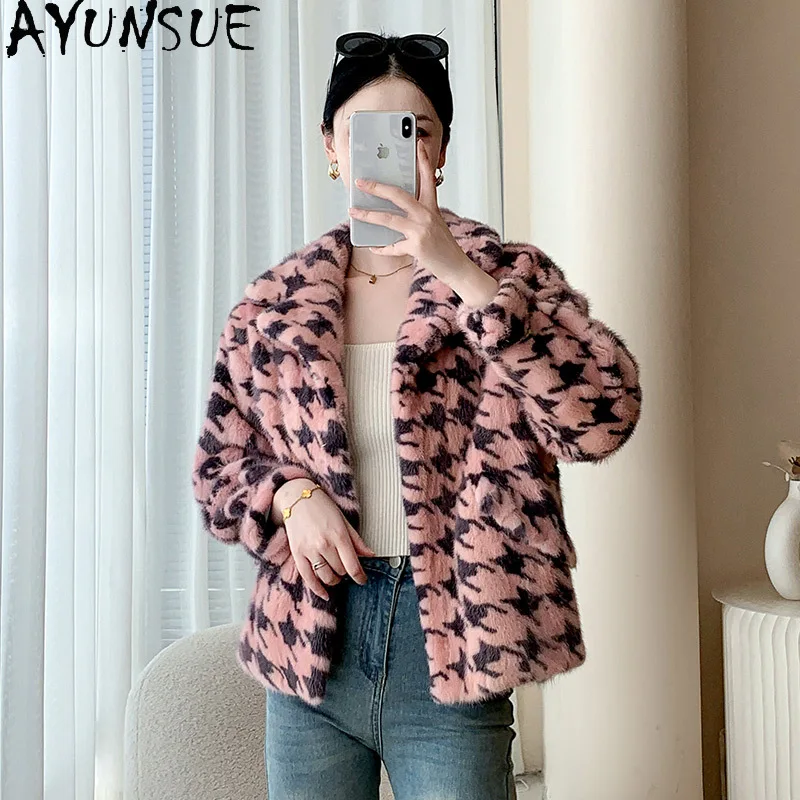 เสื้อแจ็คเก็ตขนมิงค์ธรรมชาติ AYUNSUE 2025 สำหรับผู้หญิง ลายพิมพ์แฟชั่น ขนแท้ เสื้อผ้าผู้หญิง ขนมิงค์แท้คุณภาพสูง Abrigo Mujer