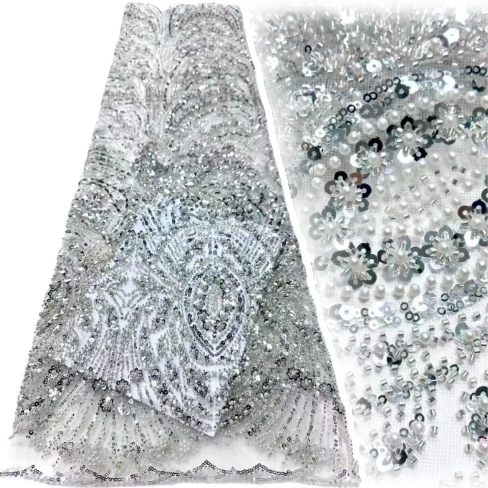 

5 Yards Nigerian Gold Beaded Lace Fabric High-Quality African French Sequined Tulle Lace Fabric for Sewing Evening Gowns 1902