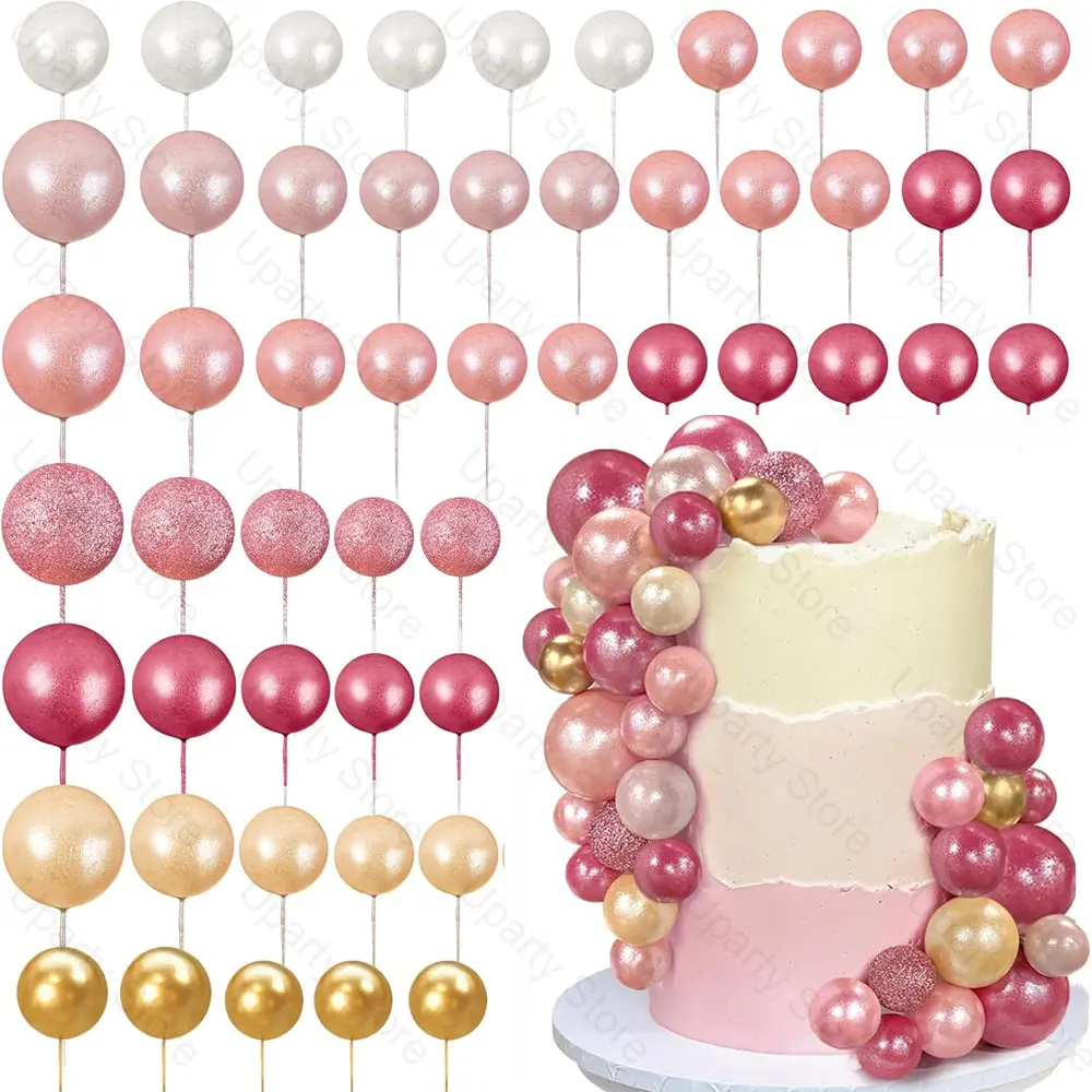 55 Stück Blush Pink Kugel-Kuchendekorationen Glitzer Roségold Nude Hellrosa Kuchenkugeln für Geburtstag Babyparty Hochzeit Tortendekoration – Detail 4