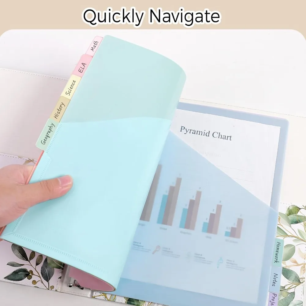 8 pcs A4 Pastel Binder Dividers 3-Ring Binder Single Pocket Plastic File Folders 8-Tab Dividers Single Pocket Dividers School