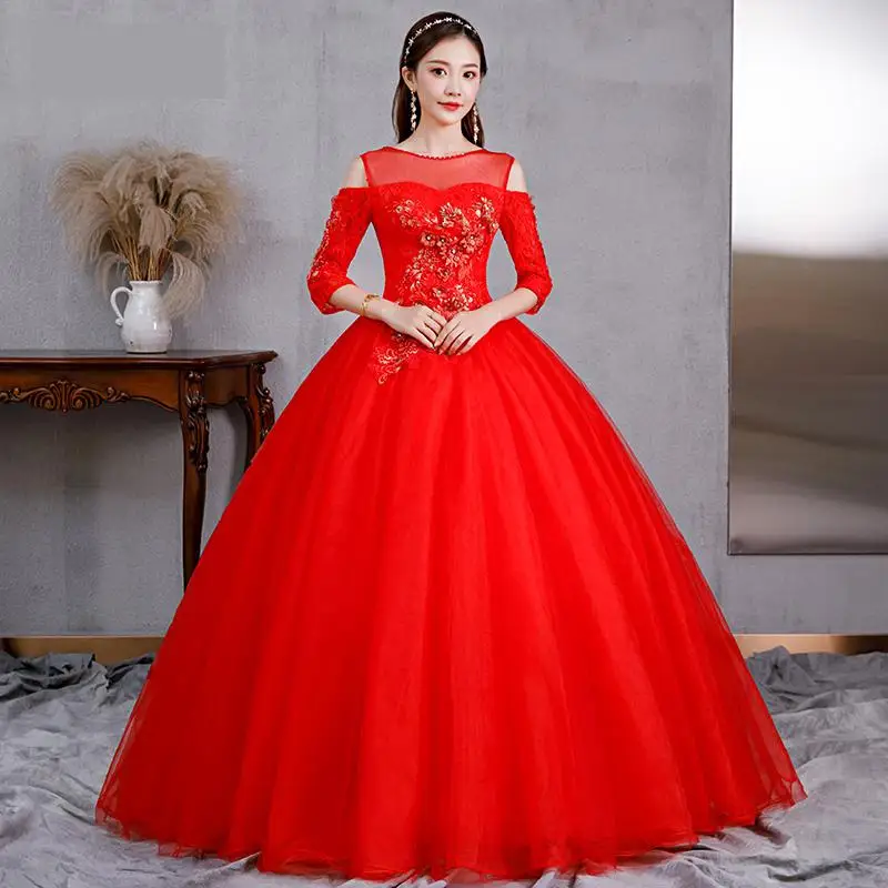 

Quinceanera Dresses Red Elegant Floor-length Puffy Prom Dress With Sleeve Sweet Lace Applique Beading Vestido De Debutante