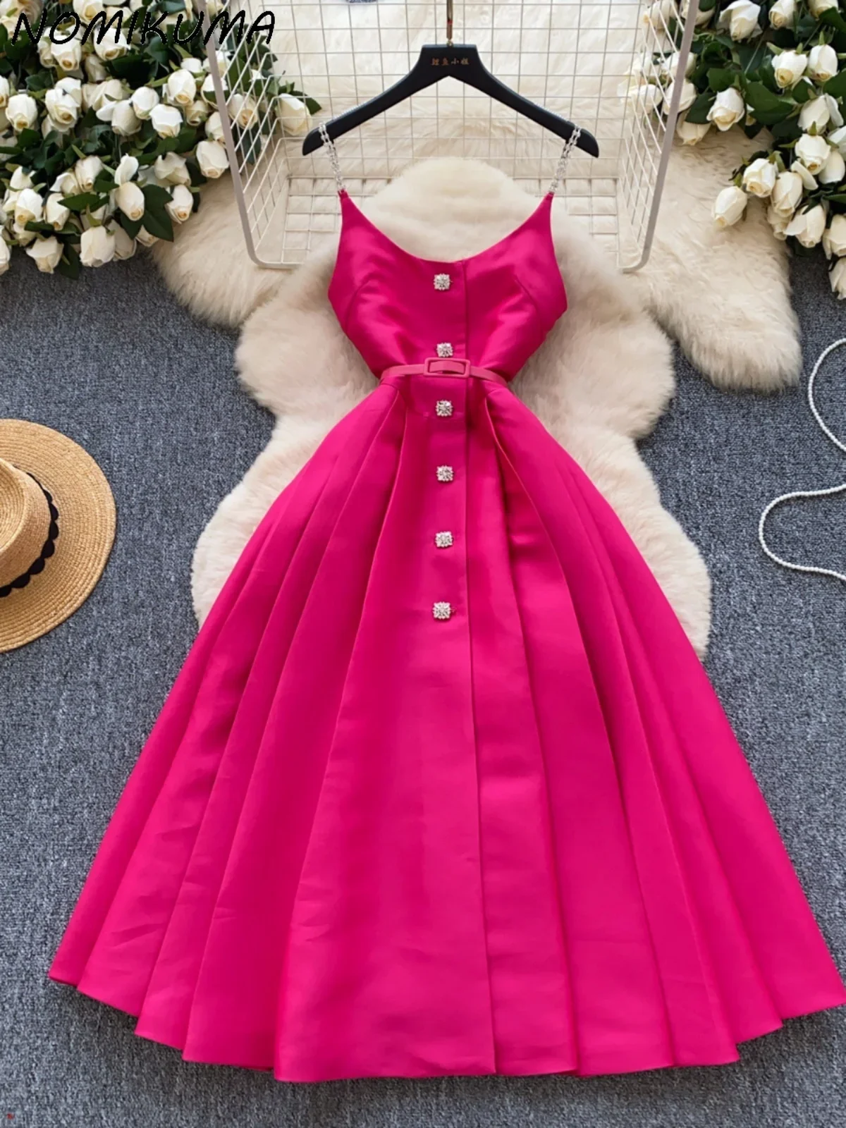 

Nomikuma Fashion Strapless Camisole Dress for Women Pleated Slim Waist Elegant Single Breasted Long Dresses
