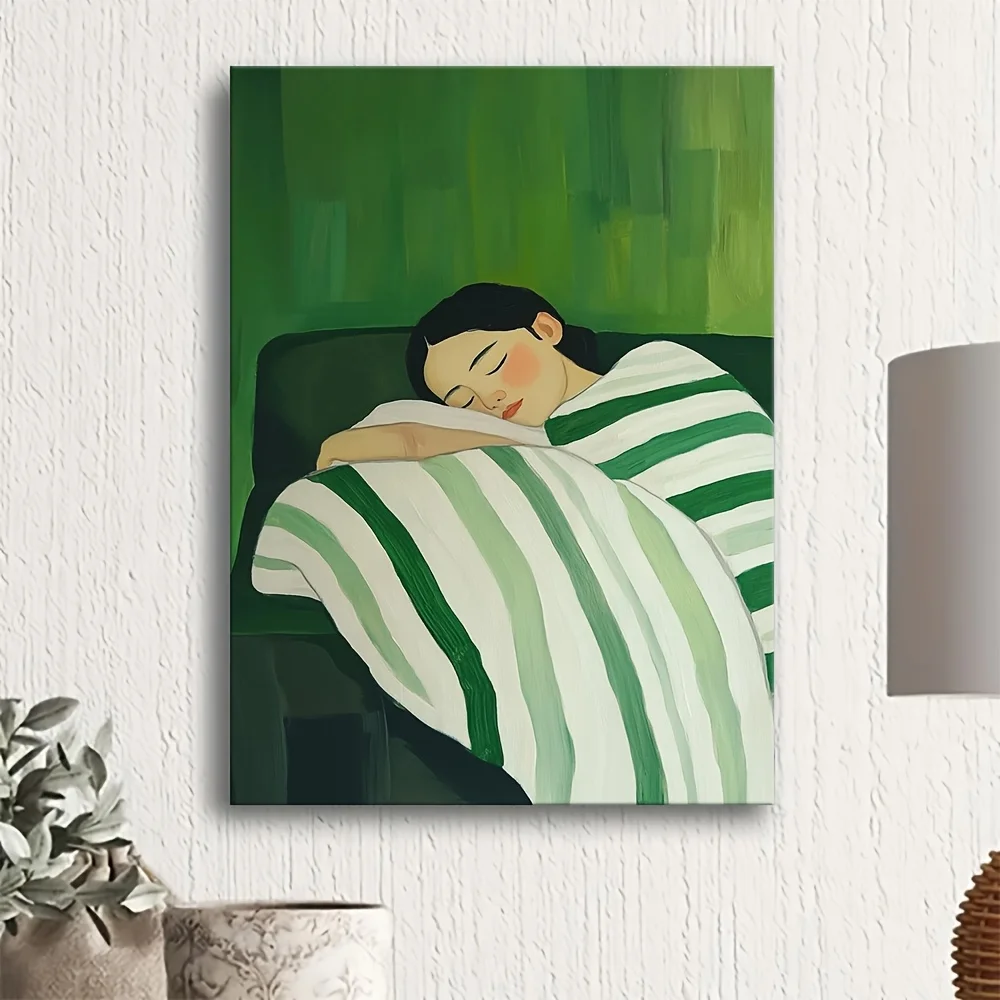 Elegant Woman Portrait in Emerald Green Poster Prints Sleeping Girl Canvas Painting Wall Art Picture for Living Room Home Decor