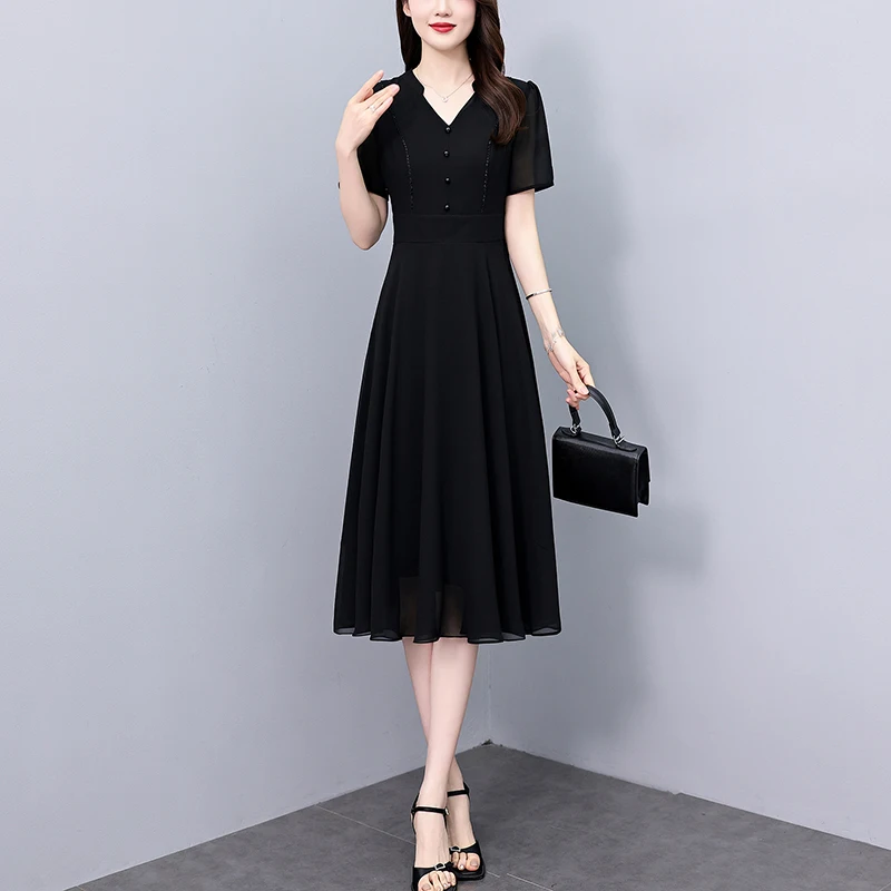 เดรสชีฟองลำลองสีพื้นสำหรับผู้หญิง ฤดูร้อน 2025 ชุดเดรสยาวสำหรับงานพรอมหรืองานปาร์ตี้สุดชิค ชุดเดรสทำงานทรงบอดี้คอนสไตล์วินเทจสำหรับสุภาพสตรี