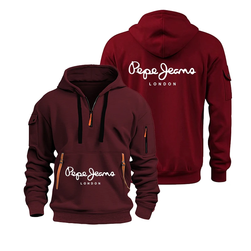 Men's Casual Sports Hoodie Spring Autumn Fashion Solid Color Long-Sleeved Pullover with Arm Pocket And Pull Rope Plus Size