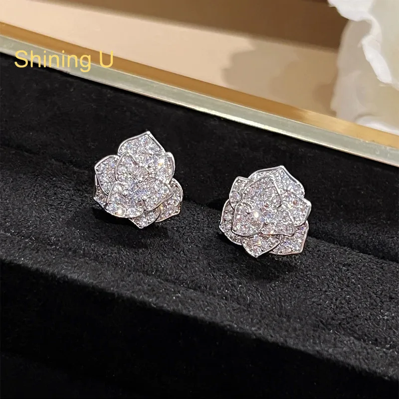 

Shining U S925 Silver Camellia Flower Full Gems Stud Earrings for Women Fine Jewelry Wedding