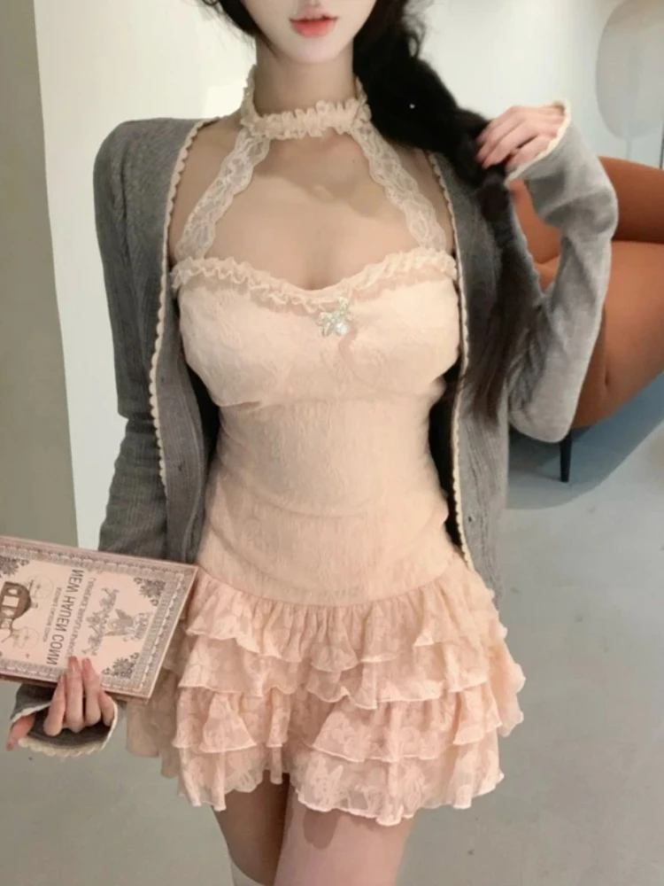 

Spring Japanese Sweet Sexy Style Chic Suit Women Hollow Out Vest + Grey Cardigan + Mini Skirt New Fashion Y2k Fairy 2 Piece Set
