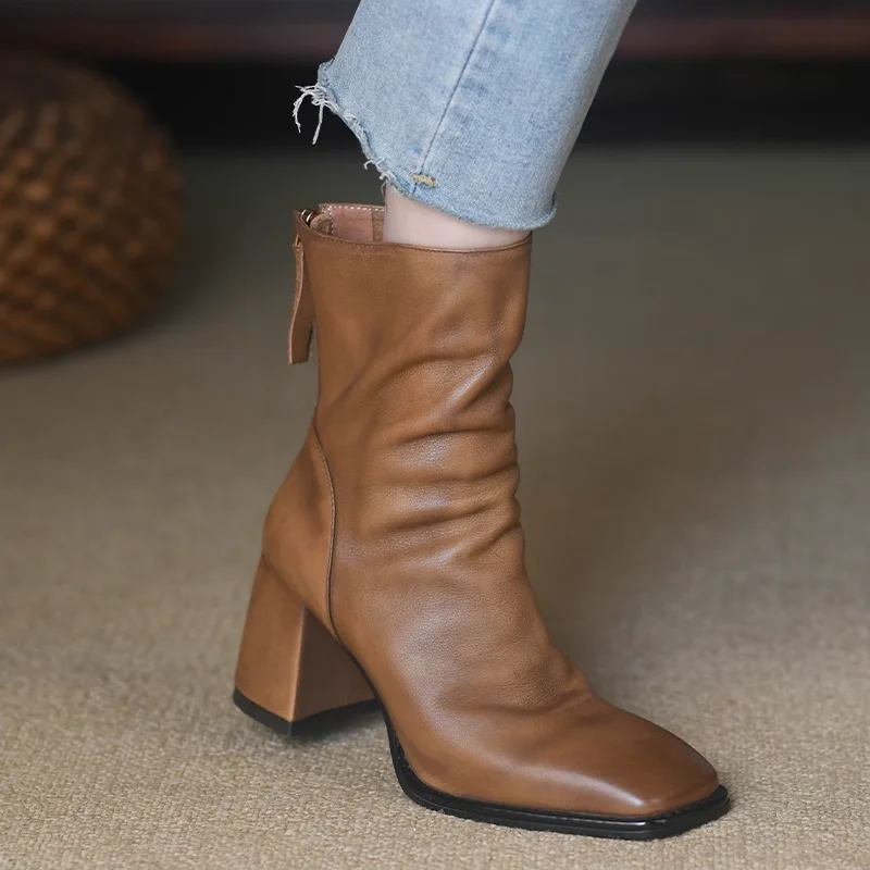 Women Short Boots Retro Style Ladies Shoes Back Zip Spring Autumn Pleated Shoes On Heel 7 CM Square Toe Cowhide Winter Boots