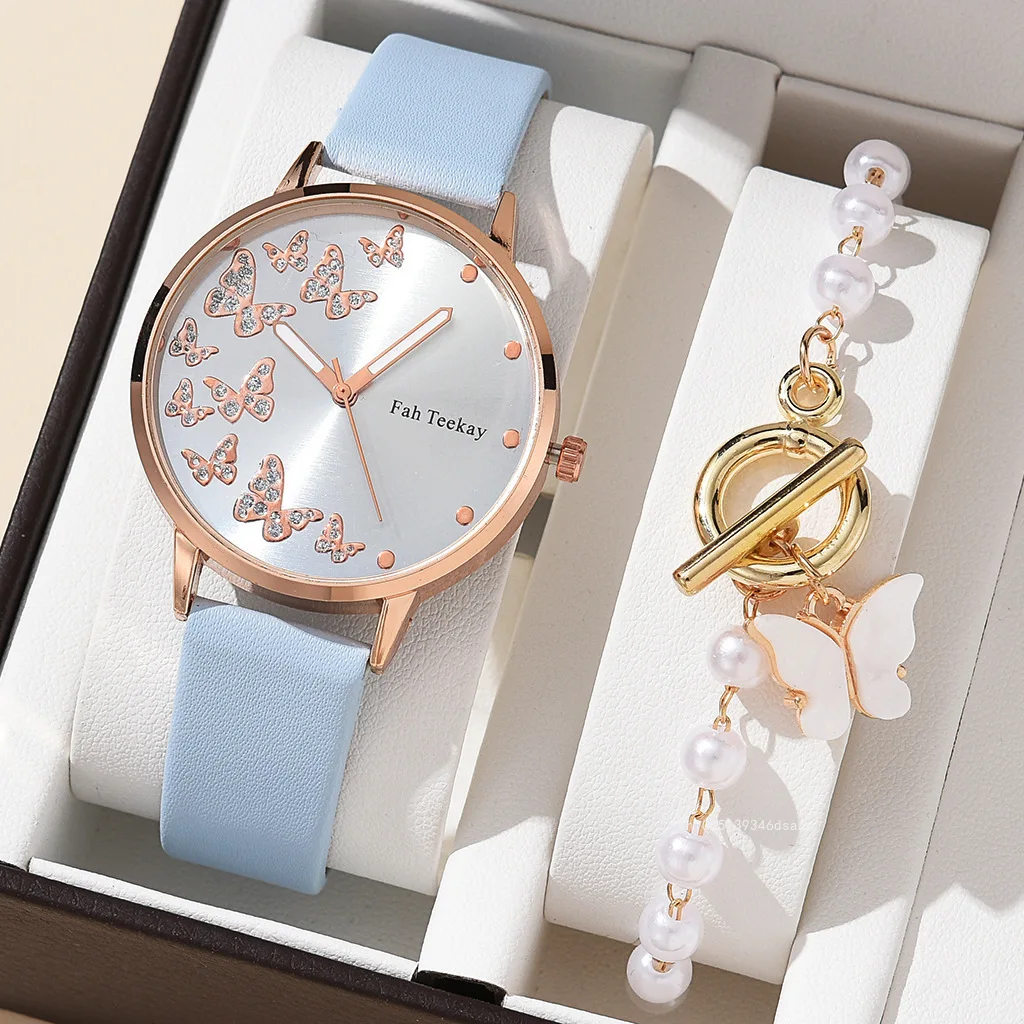 2pcs/Set Womens Butterfly Watches Jewelry Ladies Fashion Watch New Simple Casual Women Analog Wrist Watch Bracelet Gift