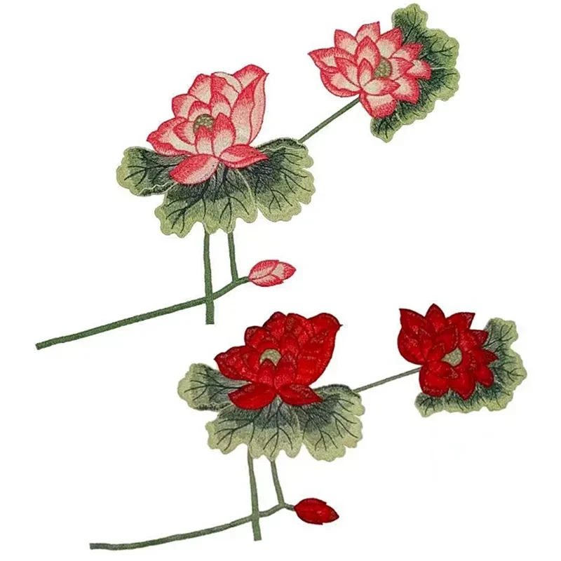 MissDeer 1Pc Red Lotus Patch Embroidered Sewing On Patch Flower Iron On Patch Stickers Clothes Badge Sewing Fabric Applique